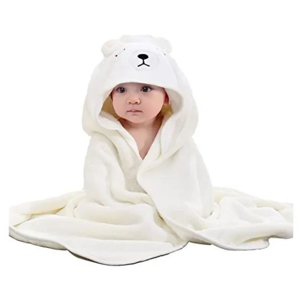 AUULA Baby Hooded Towel, Baby Bath Towels with Hood,Unique Animal Design Ultra Soft Absorbent and Non-Balling Cotton Baby Bath Towel, for Baby Boy and Girl(White)