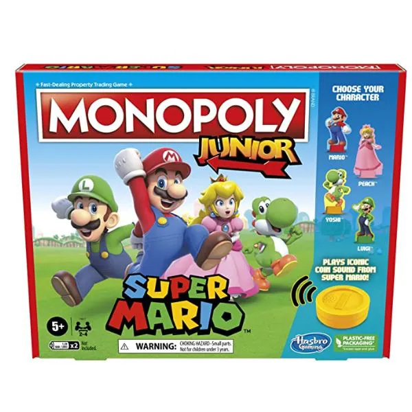 Monopoly Junior Super Mario Edition Board Game, Fun Kids' Game Ages 5 and Up, Explore The Mushroom Kingdom as Mario, Peach, Yoshi, or Luigi (Amazon Exclusive)