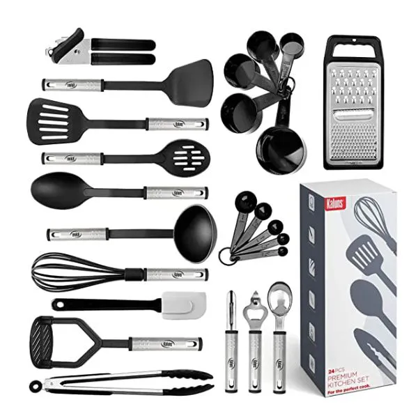 Kitchen Utensils Set 24 Nylon and Stainless Steel Cooking Utensil Set, Non-Stick and Heat Resistant Cooking Utensils Set, Kitchen Tools, Useful Pots and Pans Accessories and Kitchen Gadgets (Black)