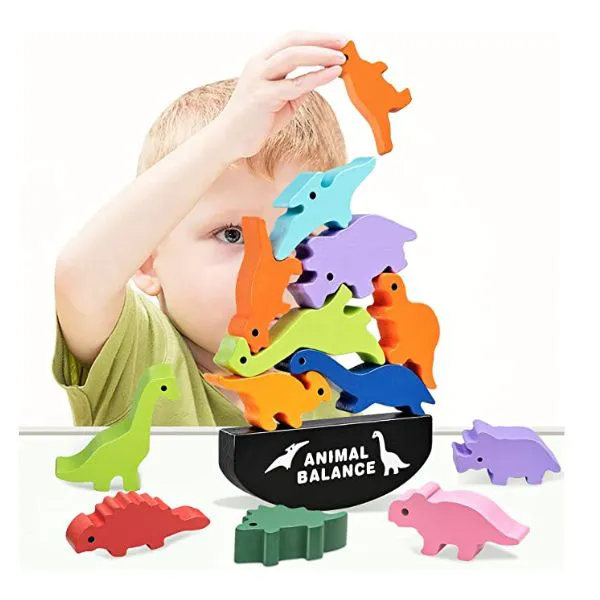 HahaGift Cute Dinosaur Stacking Toys for Kids, Quality Wooden Blocks for Concentration and Motor Skills Training - Best Holidays & Birthday Gift for Toddlers