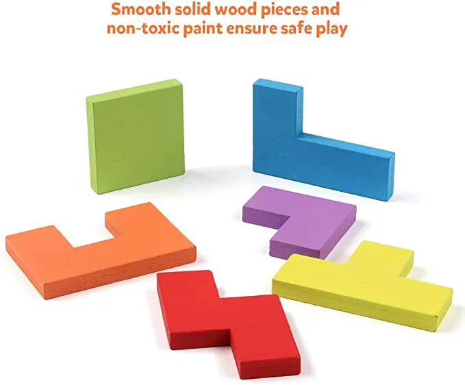 Coogam Wooden Blocks Puzzle Brain Teasers Toy Tangram Jigsaw Intelligence Colorful 3D Russian Blocks Game STEM Montessori Educational Gift for Kids (40 Pcs) - Image 3