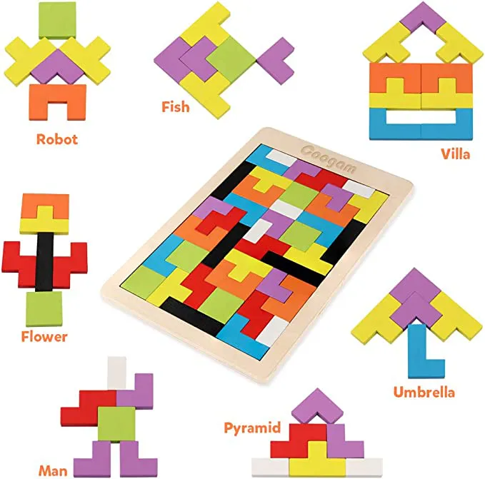Coogam Wooden Blocks Puzzle Brain Teasers Toy Tangram Jigsaw Intelligence Colorful 3D Russian Blocks Game STEM Montessori Educational Gift for Kids (40 Pcs) - Image 5