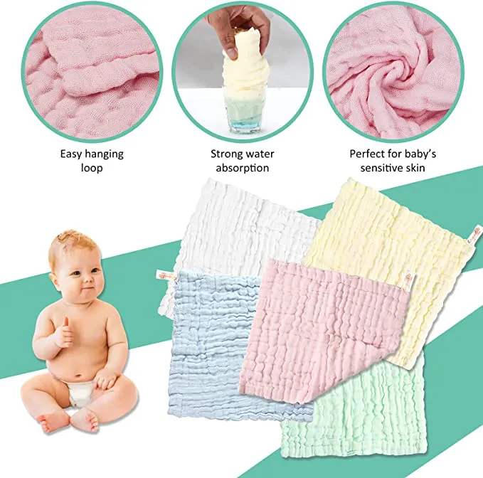 Baby Muslin Squares Washcloths Baby Essentials for Newborn Muslin Cloths for Baby Towels Reusable Muslin Clothes Baby Wash Cloth Face Shower Bath Towel for Newborn Baby Gift 10 Pack (25x25cm) Koo-dib - Image 4