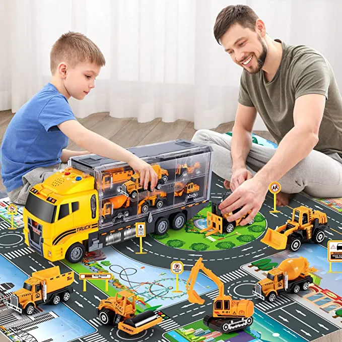 TEMI Toddler Toys for 3 4 5 6 Years Old Boys, Die-cast Construction Toys Car Carrier Vehicle Toy Set w/ Play Mat, Kids Toys Truck Alloy Metal Car Toys Set for Age 3-9 Toddlers Kids Boys & Girls - Image 2
