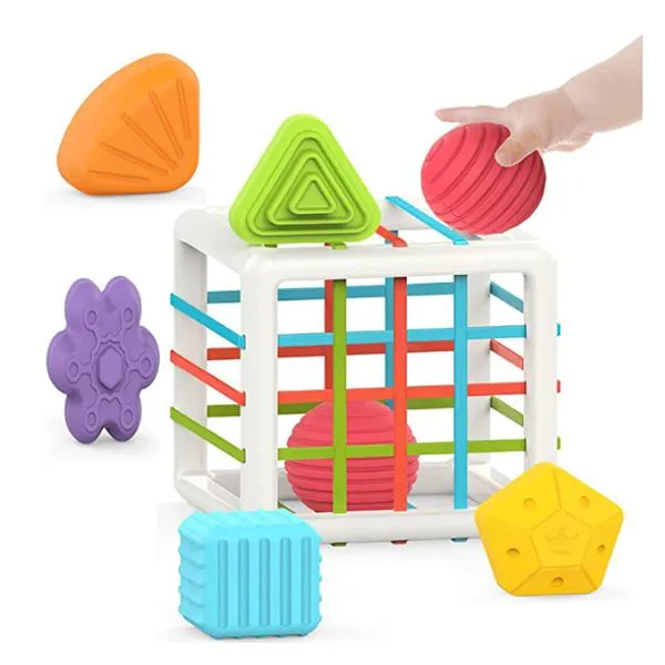 MINGKIDS Montessori Toys for 1 Year Old,Baby Sorter Toy Colorful Cube and 6 Pcs Multi Sensory Shape,Developmental Learning Toys for Girls Boys Easter Gifts,Baby Toys 6-12-18 Months