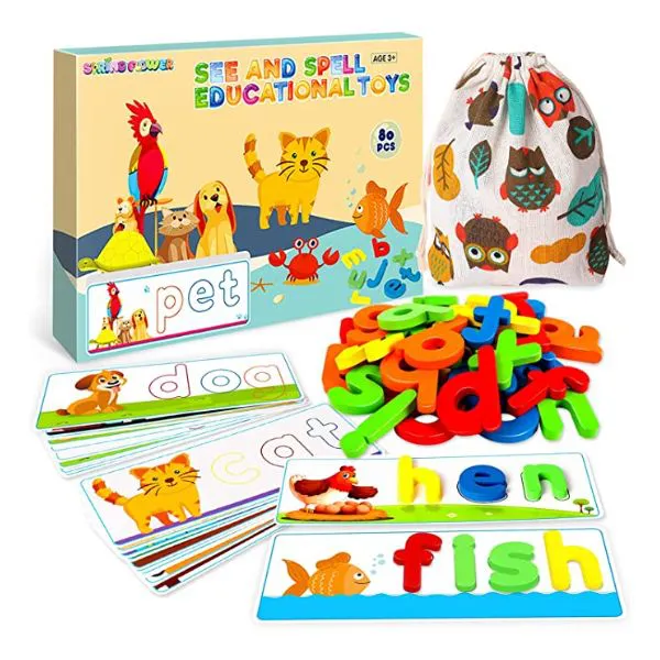 SpringFlower See & Spell Matching Letter Toy,Learning Educational Toy For 3 4 5 6 Years Old Boys And Girls,Preschool Learning Activities,Shape & Color Recognition Game,Cvc Word Builders For Kids,80Pcs