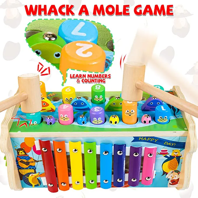 7-in-1 Wooden Hammering & Pounding Toy for Kids, Whack-a-Mole Game with Magnetic Woodpecker Worms Fish Rod Montessori Educational Activity Toys with Hammers & Mallets Gift for Toddlers Age 1 2 3 - Image 2