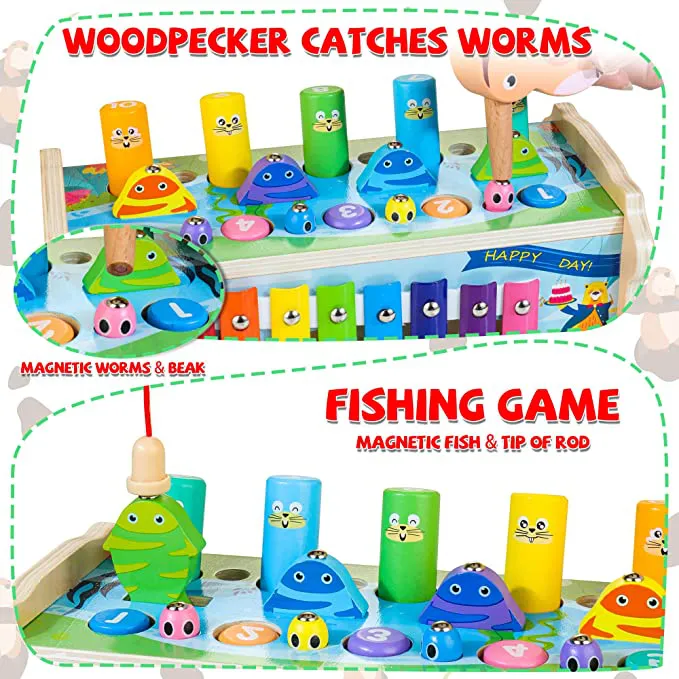 7-in-1 Wooden Hammering & Pounding Toy for Kids, Whack-a-Mole Game with Magnetic Woodpecker Worms Fish Rod Montessori Educational Activity Toys with Hammers & Mallets Gift for Toddlers Age 1 2 3 - Image 3