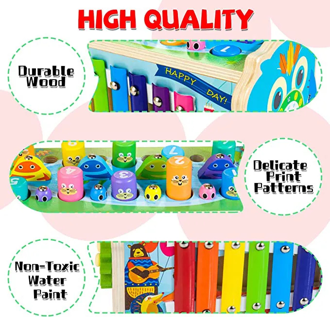 7-in-1 Wooden Hammering & Pounding Toy for Kids, Whack-a-Mole Game with Magnetic Woodpecker Worms Fish Rod Montessori Educational Activity Toys with Hammers & Mallets Gift for Toddlers Age 1 2 3 - Image 5