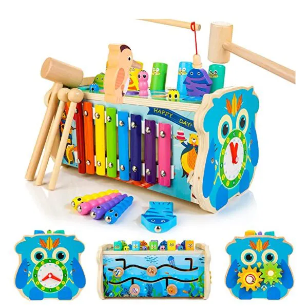 7-in-1 Wooden Hammering & Pounding Toy for Kids, Whack-a-Mole Game with Magnetic Woodpecker Worms Fish Rod Montessori Educational Activity Toys with Hammers & Mallets Gift for Toddlers Age 1 2 3