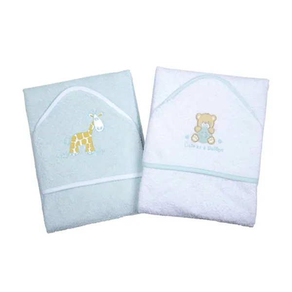 Set of 2 Baby Bath Towels - Aqua and White with Cute Animal Appliques