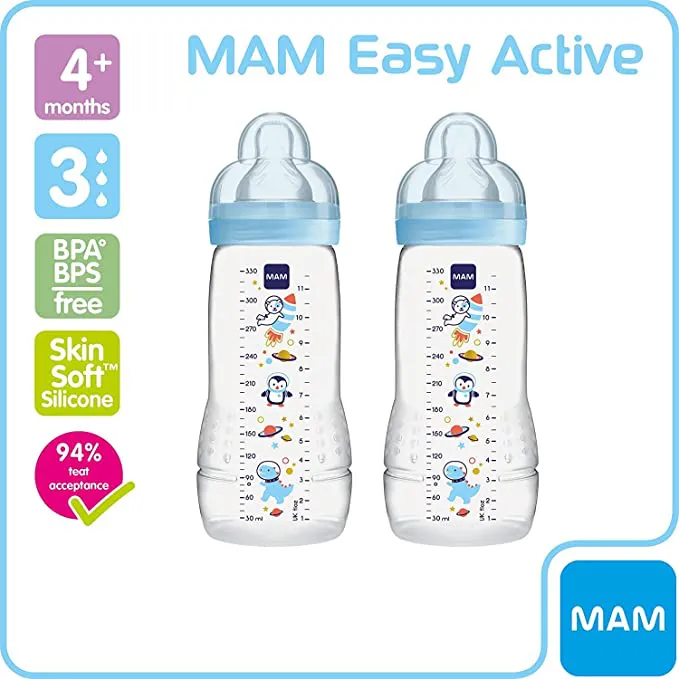 MAM Easy Active Baby Bottle with Fast Flow MAM Teats Size 3, Twin Pack of Baby Bottles, Baby Feeding, 330 ml, Blue (Designs May Vary) - Image 2