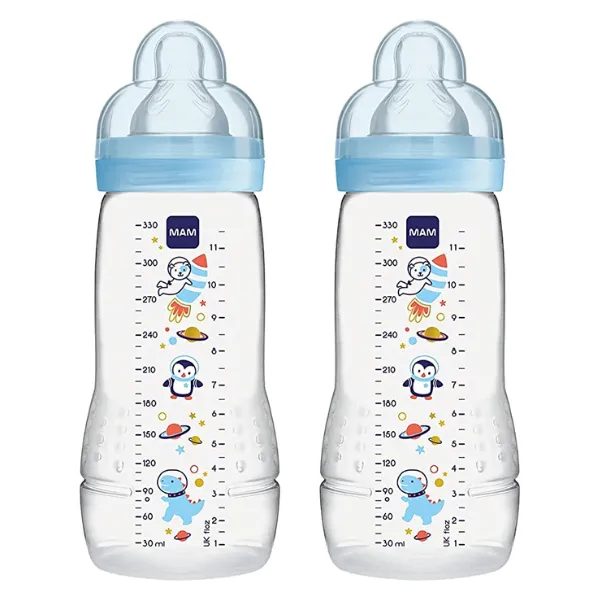 MAM Easy Active Baby Bottle with Fast Flow MAM Teats Size 3, Twin Pack of Baby Bottles, Baby Feeding, 330 ml, Blue (Designs May Vary)