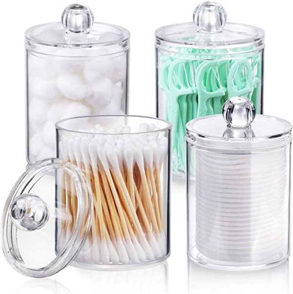 AOZITA 4 Pack Qtip Holder Dispenser for Cotton Ball, Cotton Swab, Cotton Round Pads, Floss - 10 oz Clear Plastic Apothecary Jar Set for Bathroom Canister Storage Organization, Vanity Makeup Organizer