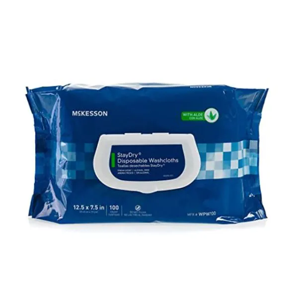 McKesson StayDry Disposable Wipes or Washcloths for Adults with Aloe, Incontinence, Alcohol-Free, Not-Flushable, 100 Wipes, 6 Packs, 600 Total